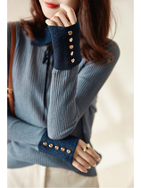 SZHZ Heart Age Reduction Bow Lace Contrast Sleeve Sweater Long Sleeve Black Knitted Sweater Top