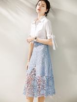 SZHZ new white celebrity temperament shirt top water soluble lace skirt a character summer fairy two-piece set
