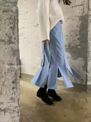 Lonslan homemade 2021 spring/summer small design hem multi-piece split straight wool skirt