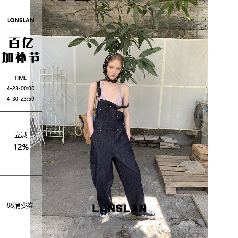 Lonslan 2026 Spring/Summer New Arrival Niche Design Relaxed Dark Blue Overalls Jumpsuit