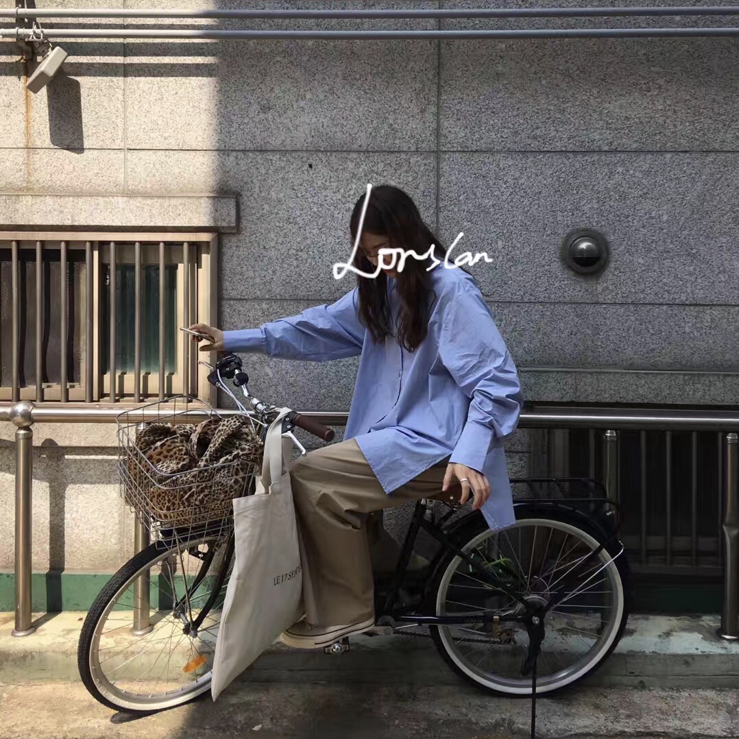 Lonslan homemade 2021 spring and summer new oversize blue side split simple shirt