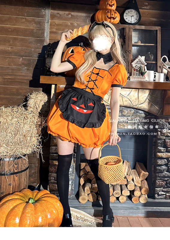 Halloween Cos Trang Phục Người Giúp Việc Trang Phục Màu Bí Ngô Quần Áo Nữ Plus Kích Thước Người Giúp Việc Hông Váy Đầm