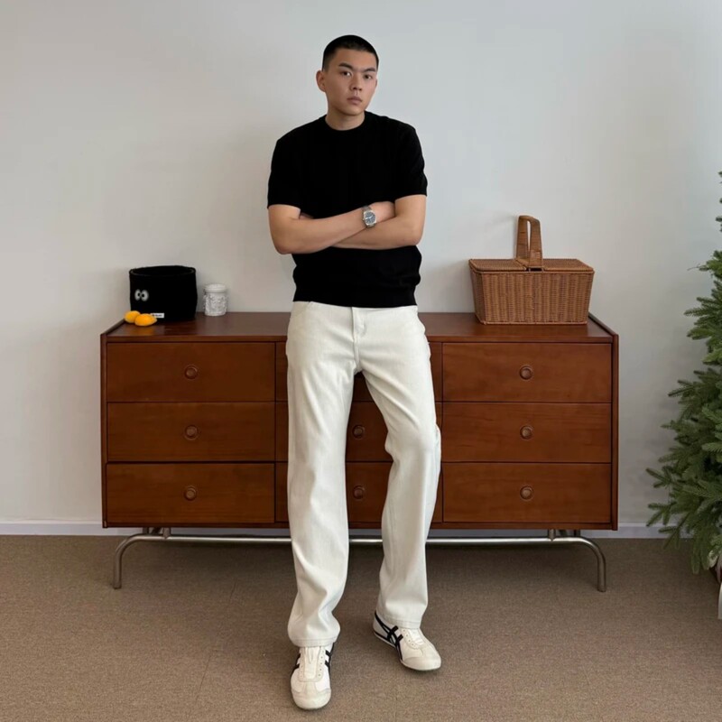 Until Dawn # American-Style High-Elastic Pure White Jeans for Men, Spring and Summer Casual Versatile Straight-Leg Pants That Make You Look Taller and Slimmer