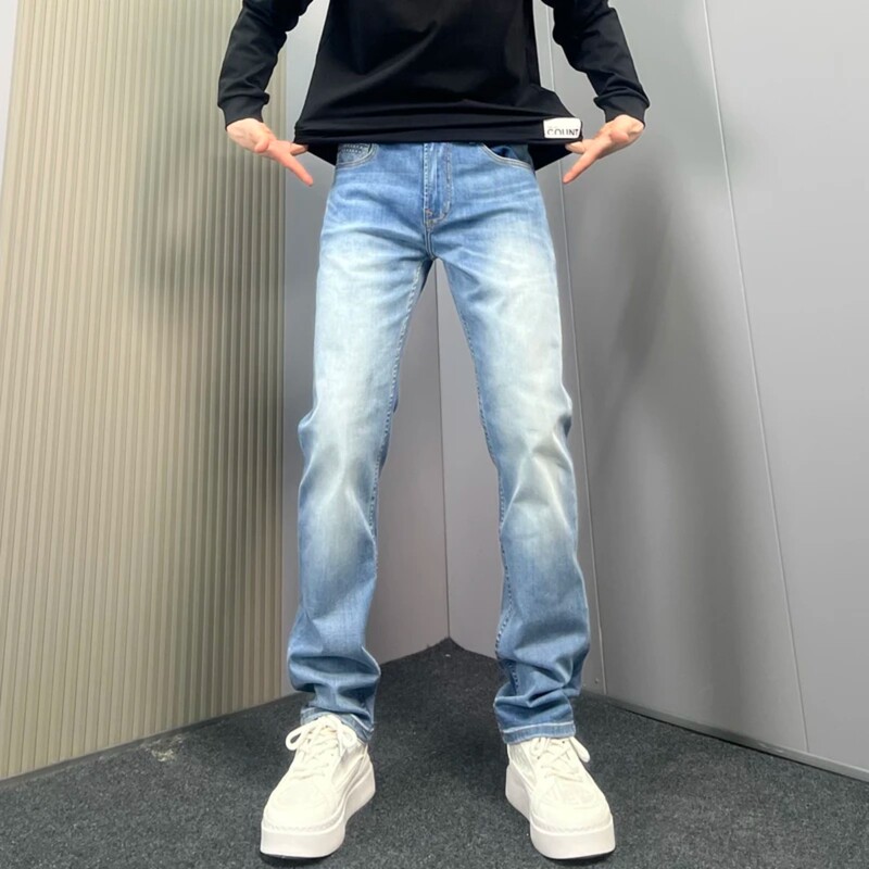 Summer Trendy American High Street Style Dark Blue Distressed Jeans for Men, Washed, Slim Fit, Straight-Leg Long Pants