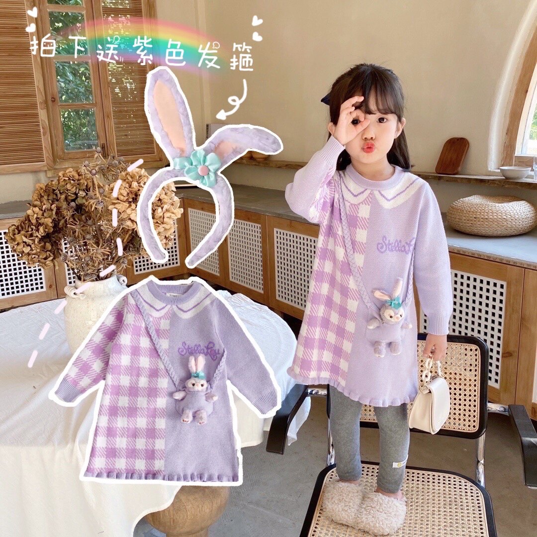 21 Autumn Winter Girl Purple Gstriped Dress Baby Cute Cartoon Bag Knit Sweater Star Didew Baby Dress