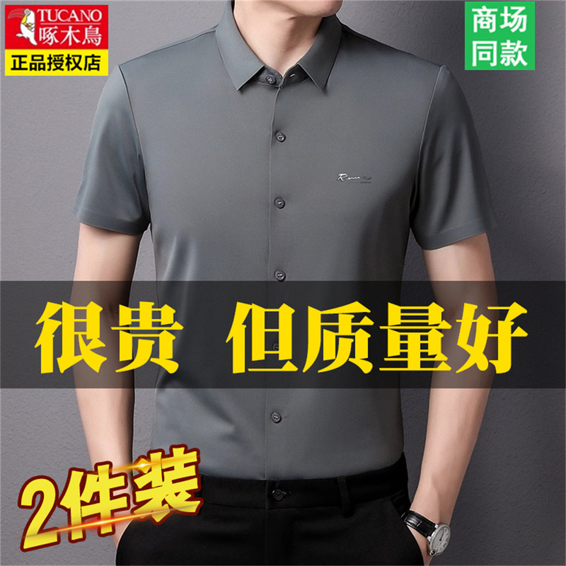 Woodpecker Men's Short-Sleeved Shirt Summer Business Casual Ice Silk Half-Sleeved High-End Anti-Wrinkle Seamless Shirt for Men Woodpecker Men's Short-Sleeved Shirt Summer Business Casual Ice Silk Half-Sleeved High-End Anti-Wrinkle Seamless Shirt for Men