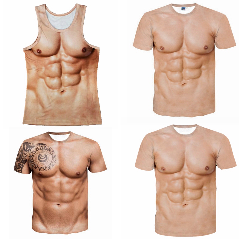 Fake Muscle Vest for Men with Orangutan Pattern, Prank Clothing, Simulated Chest and Abdominal Muscles, Tight-Fitting Slim-Fit T-Shirt, Short-Sleeved