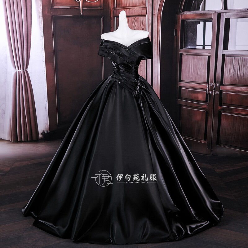 High-End Black Off-The-Shoulder Satin Vocal Performance Stage Costume, Bel Canto Solo Large Puffy Long Evening Dress High-End Black Off-The-Shoulder Satin Vocal Performance Stage Costume, Bel Canto Solo Large Puffy Long Evening Dress