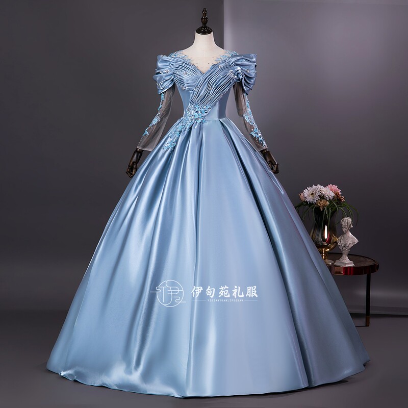 High-End V-Neck Long-Sleeve Satin Puffy Heavy-Duty Evening Dress for Women, Vocal Arts Exam Solo Stage Performance Princess Gown