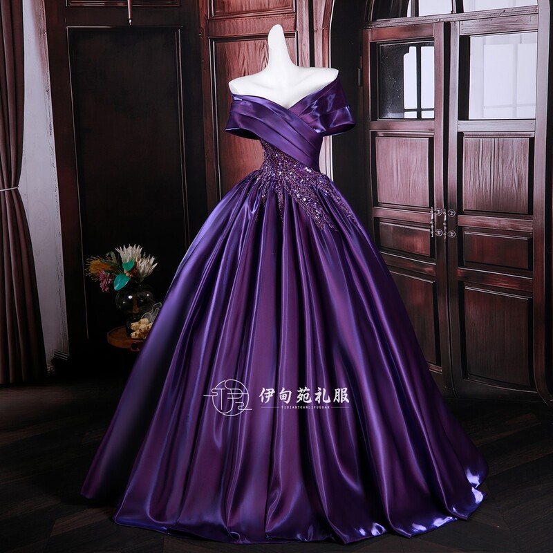 Eden Garden High-End One-Shoulder Satin Dress for Women, Vocal Art Exam, Bel Canto Solo Stage, Purple Large Tutu Performance Costume Eden Garden High-End One-Shoulder Satin Dress for Women, Vocal Art Exam, Bel Canto Solo Stage, Purple Large Tutu Performance Costume