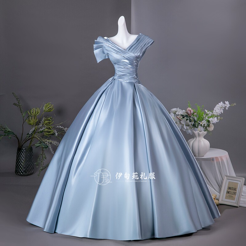 High-End Haze Blue Puffy Gown with Satin Pleats and Beading for Opera Solo Performances, Annual Events, and Stage Hosting for Women