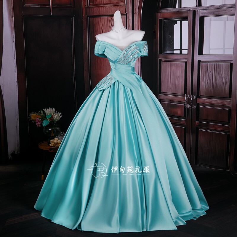 Eden Garden 2026 New Tiffany Blue Long Off-Shoulder Elegant Dress for Women Stage Vocal Performance Exam Costume