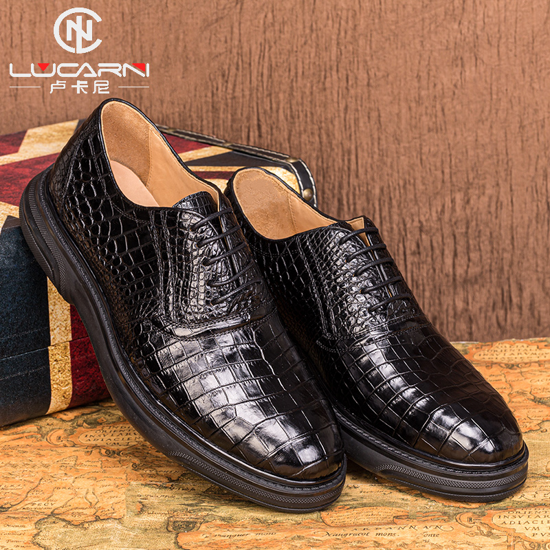 Crocodile Leather Men's Shoes Business Casual Leather Shoes Leather Bag Shoes Korean Lace Up Round Toe Comfortable Thick Sole Wear-resistant Flat Shoes