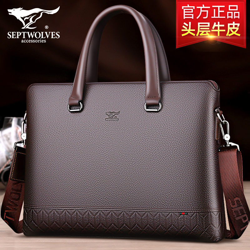 Seven Wolves Genuine Leather Briefcase Men's Bag Single Shoulder Inclined Satchel Bag Men's Bag Business Bull Leather Bag Large Capacity Handbag