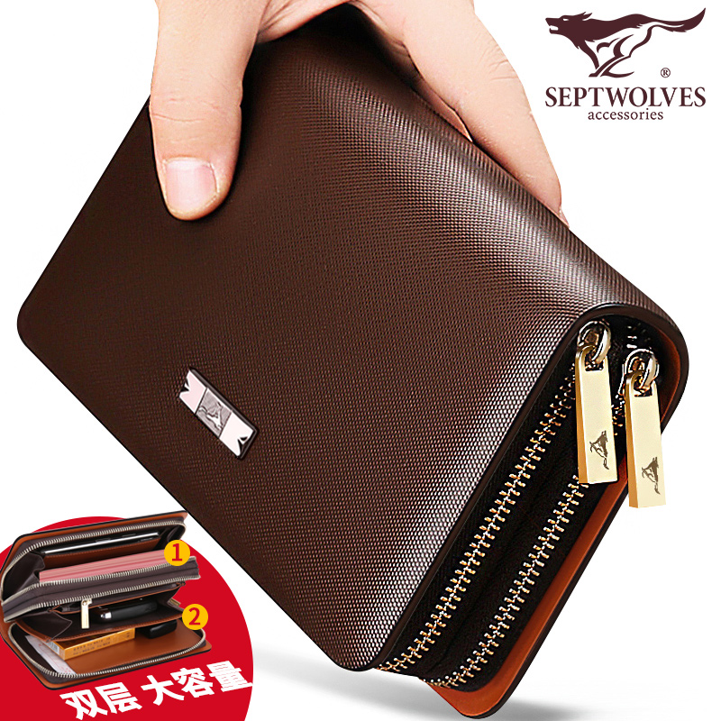Seven Wolves Men's Handbags Genuine Leather Large Capacity Hand Grab Bag Casual Hand Grip Bag Business Bull Leather Bag Men's Bag Clip Men