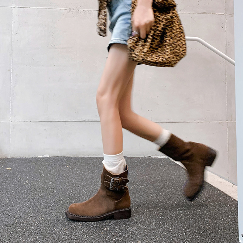 ジャージー ホームメイド スエード 本革 マイヤール アンクルブーツ レトロ スクエアトゥ ウエスタン カウボーイブーツ ショート モーターサイクルブーツ レディース