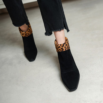 Sheep leather pointed square toe leopard print short boots, simple and retro