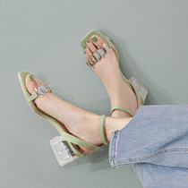 FXSO square lane thick-heeled sandals womens 2021 new summer word with rhinestone high-heeled fairy style Roman shoes