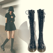 Knight boots womens lace-up high long barrel Martin boots womens thin 2021 new summer all-match mid-thick-soled boots