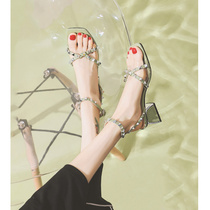 fxso Fangxiang uncle 35 size sandals womens thick heel 2021 summer new medium-heeled high-heeled late night fairy fashion