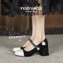 Genuine leather version FXSO square alley single shoe woman 2022 Spring autumn new small leather shoes medium-high heel Mary Jane shoes