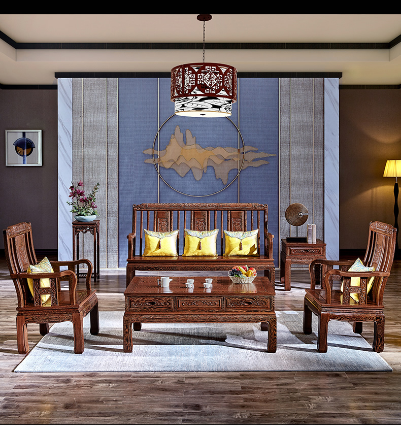 Cánh gà bằng gỗ Ming phong cách sofa kết hợp Trung Quốc sofa gỗ rắn kết hợp Phòng khách Căn hộ nhỏ Nội thất gỗ gụ tân cổ điển - Ghế sô pha mẫu ghế sofa gỗ