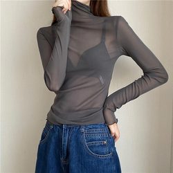 Plus size fat sister mesh turtleneck bottoming shirt for women spring and autumn style lace inner T-shirt long-sleeved fashionable top