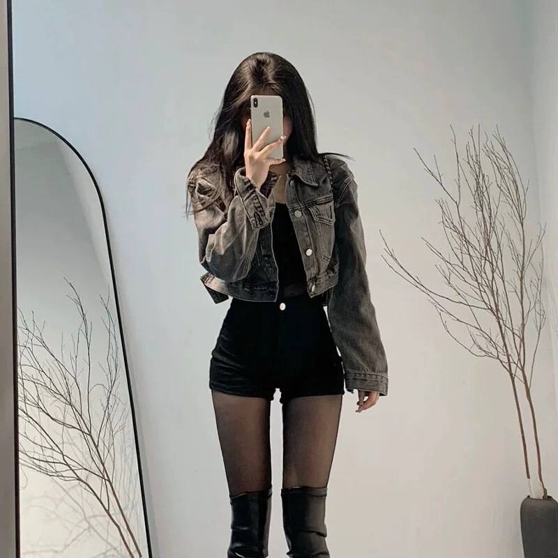 Plus Size Retro Black and Gray Denim Jacket for Women in Autumn and Winter Korean Style Loose Slimming Outer Short Jacket Trendy Top Plus Size Retro Black and Gray Denim Jacket for Women in Autumn and Winter Korean Style Loose Slimming Outer Short Jacket Trendy Top