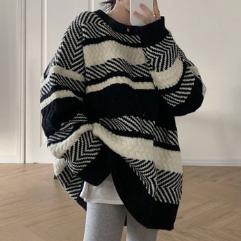Large size fat girl striped lazy style slim knitted sweater