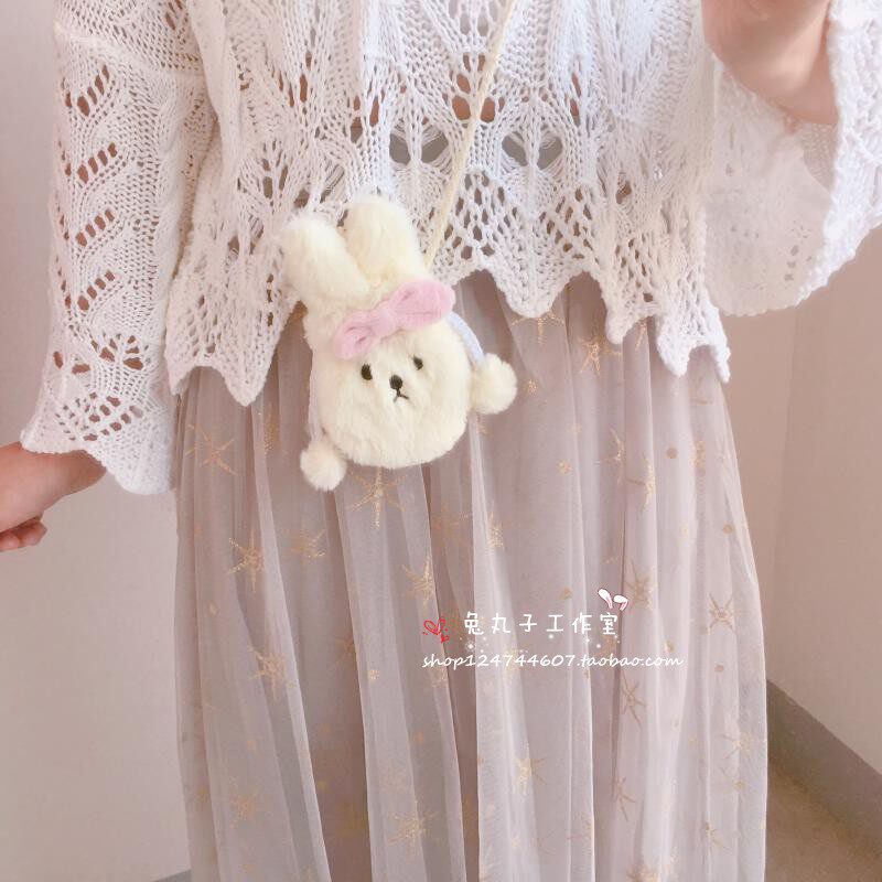 Плюшевый маленький милый кролик с бантиком, сумка через плечо, кошелек, на шнурках OTHER / Other 