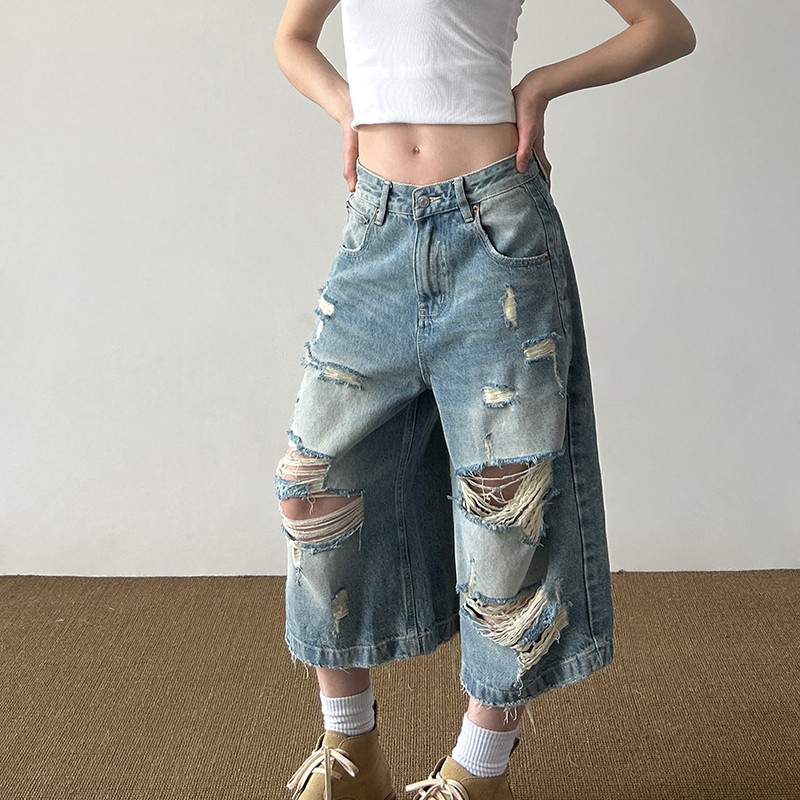 Stubborn Life American Retro High Street Ripped Denim Capri Pants for Men and Women, Loose and Drapey Summer 7/8 Pants