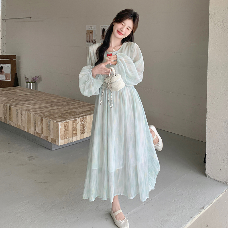 Fresh and Sweet Light Blue Tie-Dye Lantern Sleeve Dress for Women, 2026 Spring New High-Waisted Slimming A-Line Dress