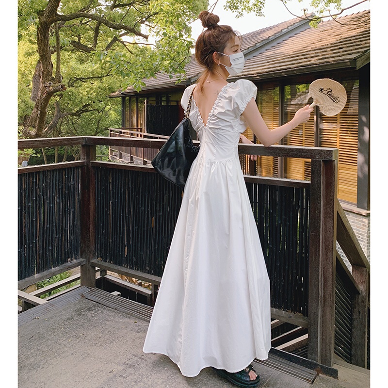 French-Style Front and Back V-Neck Backless White Dress, Extra-Long Ankle-Length, Slim-Fitting, Waist-Cinching, Figure-Flattering Long Dress for Women in Summer