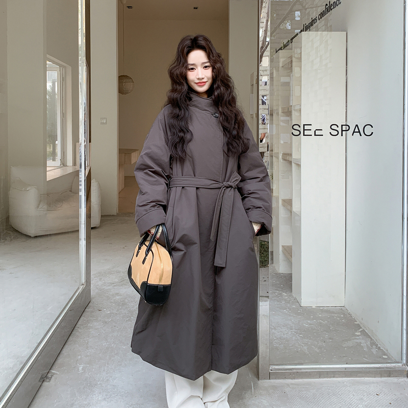 Korean Style Warm Trench Coat with Stand Collar, Goose down Jacket for Women, 2025 Winter, Lazy Style, Loose Long down Coat