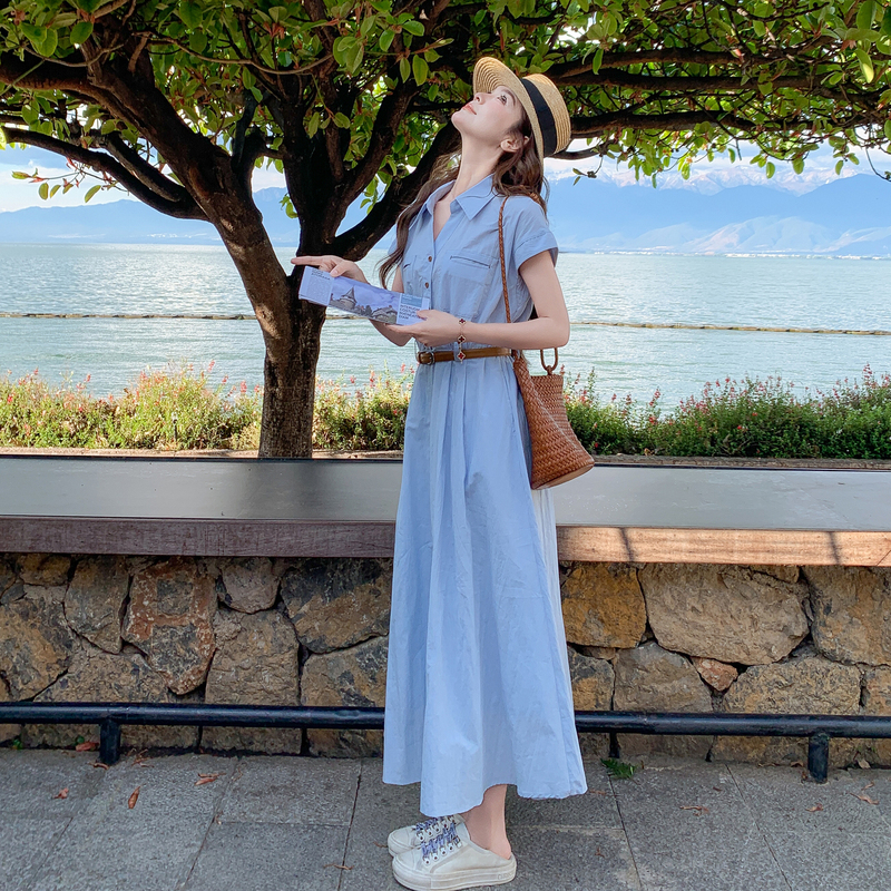 Light Blue Fresh and Artistic Style Shirt Dress for Women 2026 Summer New Fashion Age-Reducing Waist-Cinching Elegant Long Dress