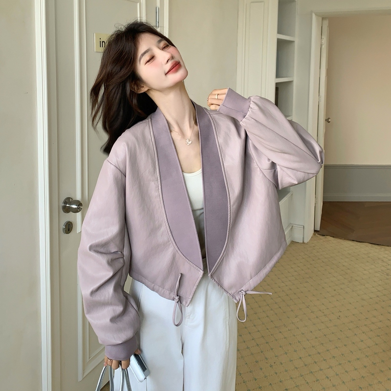 Pink-Purple Unique and Exquisite Patchwork V-Neck Leather Short Jacket for Women 2026 Spring and Autumn New Drawstring Design Pu Jacket
