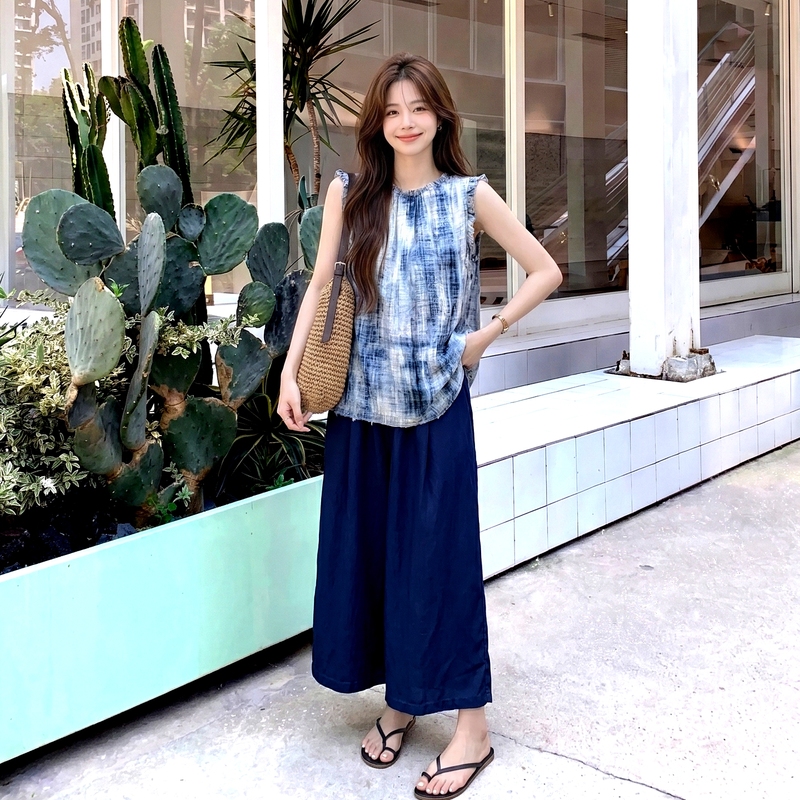 Retro Relaxed Blue Tie-Dye Sleeveless Top and Wide-Leg Pants Set for Women, 2026 Summer Casual Two-Piece Set Retro Relaxed Blue Tie-Dye Sleeveless Top and Wide-Leg Pants Set for Women, 2026 Summer Casual Two-Piece Set