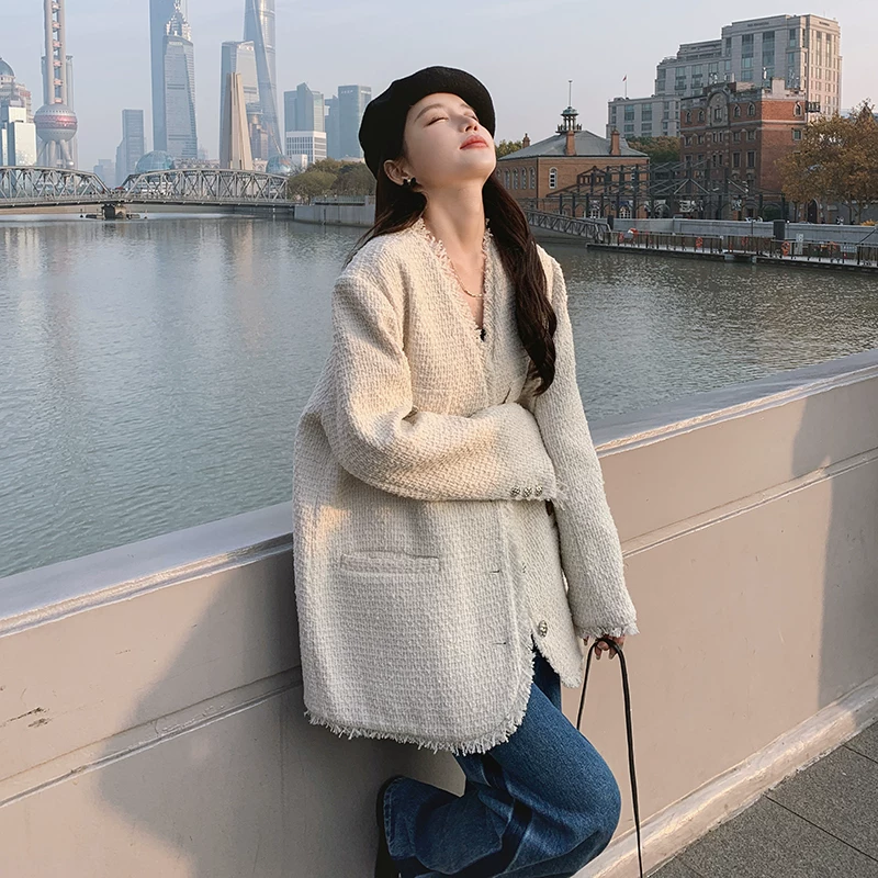 Spring autumn long jacket, 2025 years, french style, high-quality style, bright catchy style, mid-length, V-neckline, Chanel style