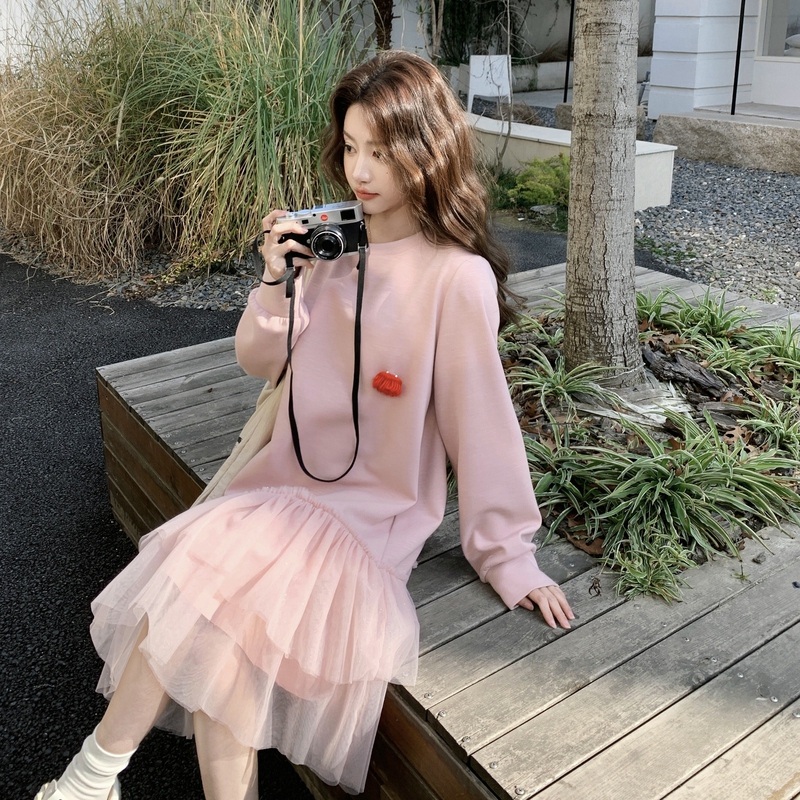 Korean-Style Pink Sweet Mesh Patchwork Sweatshirt Dress for Women 2026 Spring and Autumn New Youthful Age-Reducing Long-Sleeve Dress