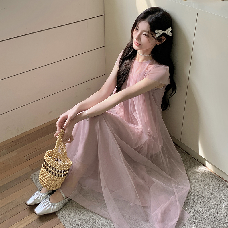 Pink Sweet Mesh Fairy Dress with a Super Fairy-Like Temperament, Stunning and Romantic Atmosphere, Long Dress for Summer 2026