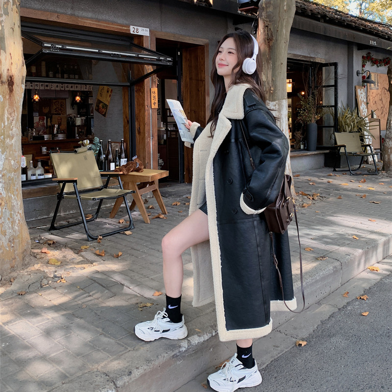 Sheep Fur Integrated Coat for Women 2026 Winter New Style High-End Long Fleece-Lined Black Pu Leather Jacket Sheep Fur Integrated Coat for Women 2026 Winter New Style High-End Long Fleece-Lined Black Pu Leather Jacket