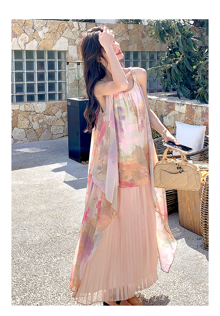 ワンピース】フェアリームード ピンク花柄シフォンキャミ