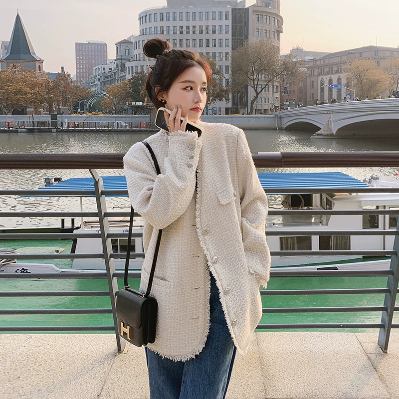 Spring autumn long jacket, 2025 years, french style, high-quality style, bright catchy style, mid-length, V-neckline, Chanel style