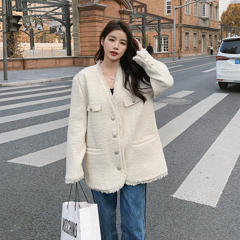 Spring autumn long jacket, 2025 years, french style, high-quality style, bright catchy style, mid-length, V-neckline, Chanel style
