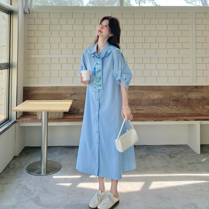 Light Blue Fresh Bookish Style Printed Shawl Shirt Dress for Women 2026 Summer Casual Age-Reducing Single-Breasted Dress