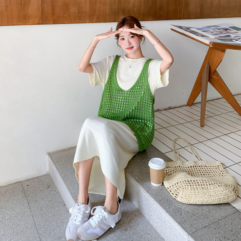 Lazy Style Green Knitted Hollow-Out Vest T-Shirt Dress Set for Women 2026 Summer Loose Casual Two-Piece Dress Set