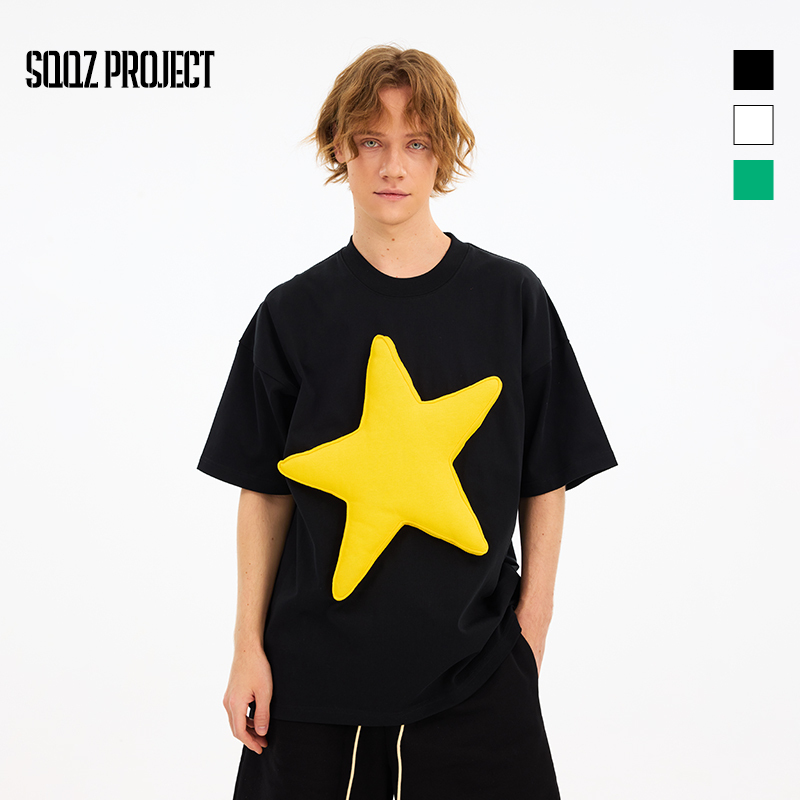 Sqqz Project Five-Pointed Star Original 3D Cotton-Filled Fun Loose Short-Sleeve T-Shirt for Couples, Unisex
