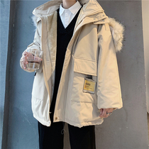 Winter mens big wool collar cotton clothes loose tooling hooded cotton jacket thick cotton padded clothes tide wild handsome bread clothes men