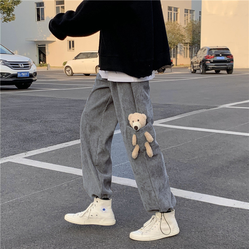 Small Bear Pants Men's Autumn Winter Straight Drum Wide Pants Loose Students Handsome Gas Port Wind 100 Hitch Light Core Suede Casual Pants
