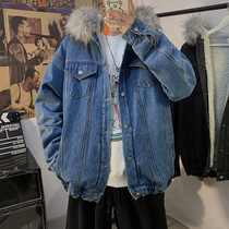 Cotton-padded men's winter Hong Kong wind ins large fur collar loose padded velvet denim coat Korean fashion student cotton-padded jacket